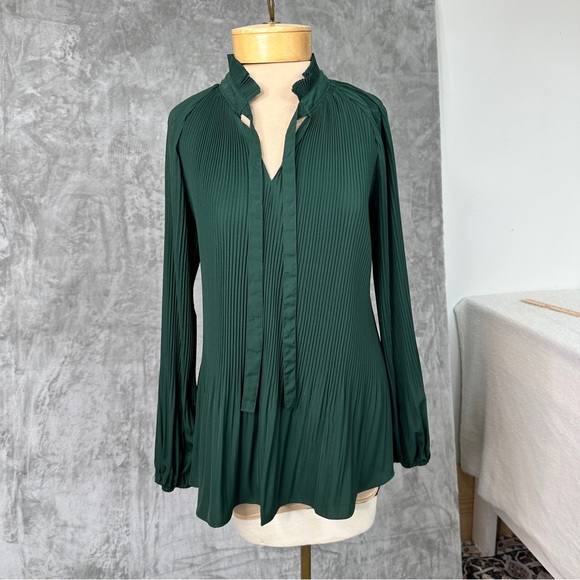 Womens Papillon Green Long Sleeve Pleated Blouse Med Necktie Elegant Victorian - Picture 1 of 9